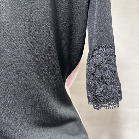Bisou Bisou Black Pink Watercolor Floral Top Short Sleeve Lace Detail Artsy XL - Picture 3 of 8